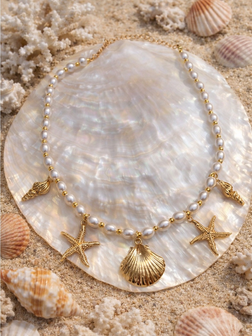 Gold Seashell & Starfish Charm Beach Necklace | Coastal Summer Jewelry